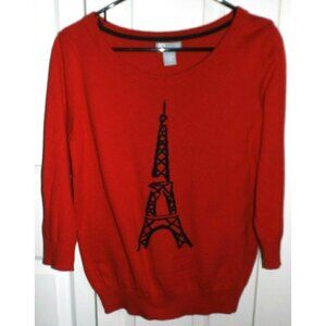 J C Penney L red 3/4 sleeve scoop neck Eiffel Tower wool blend pullover